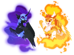 Size: 1338x991 | Tagged: dead source, safe, artist:makkah, daybreaker, nightmare moon, alicorn, pony, g4, bust, duo, ethereal mane, evil sisters, female, fluffy, mane of fire, mare, open mouth, simple background, starry mane, transparent background, two toned wings