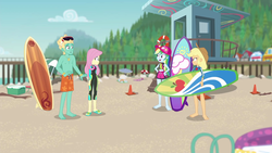 Size: 1920x1080 | Tagged: safe, screencap, applejack, fluttershy, rainbow dash, zephyr breeze, blue crushed, equestria girls, equestria girls series, g4, arms, barefoot, clothes, feet, flip-flops, male, male nipples, nipples, sandals, shorts, sunglasses, surfboard, swimming trunks, swimsuit, toes, topless, wetsuit, zephyr's necklace