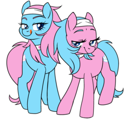 Size: 1280x1220 | Tagged: safe, artist:/d/non, aloe, lotus blossom, earth pony, pony, g4, bedroom eyes, duo, female, licking, licking lips, mare, simple background, sisters, spa twins, tongue out, transparent background