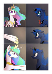 Size: 1024x1449 | Tagged: safe, artist:gashiboka, princess celestia, princess luna, alicorn, pony, comic:scar of solar, g4, book, comic, comics, cute, cutelestia, diary, duo, eye contact, female, floppy ears, frown, gritted teeth, hooves out, hooves up, horn, hug request, incoming hug, jewelry, lidded eyes, looking at each other, lunabetes, mare, outstretched arms, raised hoof, reaching, regalia, royal sisters, sad, siblings, sisters, smiling, wings