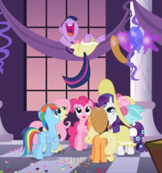 Size: 829x887 | Tagged: safe, screencap, applejack, fluttershy, pinkie pie, rainbow dash, rarity, twilight sparkle, earth pony, pegasus, pony, unicorn, g4, sweet and elite, balloon, clothes, confetti, cropped, dress, female, hat, looking up, mane six, mare, mawshot, midair, nose in the air, open mouth, party, raised hoof, smiling, unicorn twilight, uvula