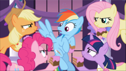 Size: 1668x940 | Tagged: safe, screencap, applejack, fluttershy, pinkie pie, rainbow dash, twilight sparkle, earth pony, pegasus, pony, unicorn, g4, sweet and elite, cake, clothes, dress, evil grin, female, flying, food, grin, hoof hold, looking at each other, mare, smiling, smirk, unicorn twilight