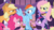 Size: 1668x940 | Tagged: safe, screencap, applejack, fluttershy, pinkie pie, rainbow dash, twilight sparkle, earth pony, pegasus, pony, unicorn, g4, my little pony: friendship is magic, sweet and elite, adorabolical, cake, clothes, cute, dress, evil smile, female, flying, food, grin, hoof hold, imminent cake fight, looking at each other, mare, smiling, smirk, this will end in food fight, unicorn twilight, you dun goofed