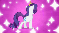 Size: 1668x939 | Tagged: safe, screencap, rarity, pony, unicorn, g4, sweet and elite, becoming popular, cutie mark, female, jewelry, mare, pose, purple background, rear view, simple background, solo, tiara