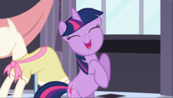 Size: 1668x939 | Tagged: safe, screencap, twilight sparkle, pony, unicorn, g4, sweet and elite, bipedal, birthday dress, clothes, cute, cutie mark, dress, eyes closed, female, happy birthday, hooves together, mare, smiling, solo, twiabetes, unicorn twilight