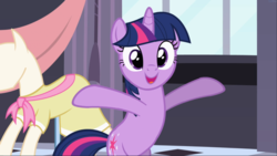 Size: 1667x939 | Tagged: safe, screencap, twilight sparkle, pony, unicorn, g4, sweet and elite, bipedal, birthday dress, clothes, cute, dress, female, mare, open mouth, smiling, solo, spread hooves, twiabetes, unicorn twilight