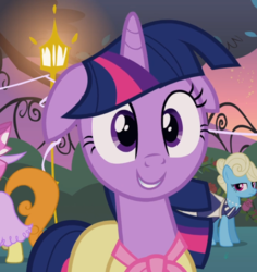 Size: 886x937 | Tagged: safe, screencap, carrot top, eclair créme, golden harvest, twilight sparkle, pony, unicorn, g4, sweet and elite, birthday dress, clothes, cropped, cute, daaaaaaaaaaaw, dress, female, floppy ears, i watch it for the ears, mare, smiling, solo focus, twiabetes, unicorn twilight