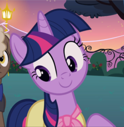 Size: 921x939 | Tagged: safe, screencap, twilight sparkle, pony, unicorn, g4, sweet and elite, birthday dress, clothes, cropped, cute, dress, female, looking at something, raised hoof, smiling, solo focus, twiabetes, unicorn twilight