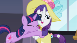 Size: 1667x939 | Tagged: safe, screencap, rarity, twilight sparkle, pony, unicorn, g4, sweet and elite, amulet, aside glance, clothes, cute, cutie mark, dress, duo, eyes closed, female, flower, flower in hair, flower in tail, happy birthday, hat, hug, jewelry, looking to the left, mare, nervous smile, relieved, smiling, sun hat, unicorn twilight