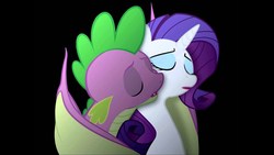 Size: 1280x720 | Tagged: safe, artist:qtmarx, rarity, spike, dragon, pony, unicorn, g4, black background, duo, eyes closed, female, hug, intimate, male, ship:sparity, shipping, simple background, straight, winged spike, winghug, wings