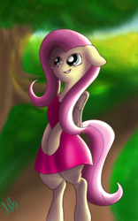 Size: 800x1280 | Tagged: safe, artist:derpx1, fluttershy, pegasus, semi-anthro, g4, arm hooves, bipedal, clothes, female, floppy ears, solo, tree