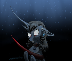 Size: 2000x1700 | Tagged: safe, artist:crystalcontemplator, king sombra, oc, crystal pony, pony, unicorn, g4, art, colored horn, crying, crystal pony oc, curved horn, dark, fanart, horn, severed horn, snow, sombra's horn