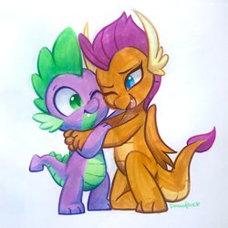 Size: 3024x3024 | Tagged: safe, artist:dawnfire, smolder, spike, dragon, g4, baby, baby dragon, claws, cute, dragoness, duo, female, friends, friendshipping, high res, hug, male, one eye closed, one eye open, open mouth, shipping fuel, simple background, smiling, smolderbetes, spikabetes, sweet dreams fuel, white background, wingless spike, wink