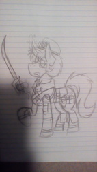 Size: 1088x1920 | Tagged: safe, artist:homicidal doktor, oc, oc only, oc:paper butt, pony, clothes, glasses, hat, lined paper, solo, sword, traditional art, uniform, weapon