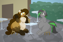 Size: 4500x3000 | Tagged: safe, artist:comfyplum, oc, oc:gadget flare, oc:varah bubble, earth pony, pony, unicorn, belly, bush, butt, chubby, commission, fat, female, glass, large butt, mare, milkshake, outdoors, plot, pregnant, table, the ass was fat