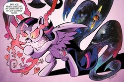Size: 797x525 | Tagged: safe, artist:andypriceart, idw, cosmos, discord, twilight sparkle, alicorn, pony, g4, spoiler:comic, spoiler:comic75, female, mare, planet, planetary ring, possessed, purple background, simple background, twilight sparkle (alicorn)
