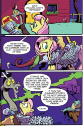 Size: 553x830 | Tagged: safe, artist:andy price, idw, official comic, discord, fluttershy, draconequus, pony, g4, spoiler:comic, spoiler:comic75, bubble wrap, comic, discord's house, duo, female, floating island, male, mare, speech bubble, the discord zone