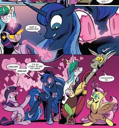 Size: 805x868 | Tagged: safe, artist:andypriceart, idw, cosmos, discord, fluttershy, princess celestia, princess luna, twilight sparkle, alicorn, draconequus, pegasus, pony, g4, spoiler:comic, spoiler:comic75, :q, :t, bedroom eyes, colored sclera, confused, corrupted celestia, dialogue, discord gets all the alicorns, discord gets all the mares, eyes on the prize, female, frown, glowing eyes, grin, heart eyes, jewelry, licking lips, lidded eyes, male, mare, mismatched eyes, necklace, nervous, oh no, possessed, possession, raised hoof, raised leg, shrunken pupils, smiling, smirk, smoke, speech bubble, spread wings, tail, tail pull, tongue out, twilight sparkle (alicorn), wide eyes, wingding eyes, wings, yellow sclera