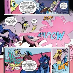 Size: 809x802 | Tagged: safe, artist:andy price, idw, cosmos, discord, fluttershy, princess luna, alicorn, butterfly pony, draconequus, pony, g4, spoiler:comic, spoiler:comic75, abuse, butterfly wings, female, flutterbuse, flutterfly, male, mare, possessed, transformation