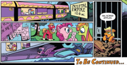 Size: 775x397 | Tagged: safe, artist:andypriceart, idw, apple bloom, applejack, big macintosh, pinkie pie, rainbow dash, rarity, scootaloo, spike, sweetcream scoops, sweetie belle, zecora, earth pony, pegasus, pony, unicorn, zebra, g4, spoiler:comic, spoiler:comic75, applejack's hat, background pony, book, cage, clothes, cowboy hat, cutie mark, cutie mark crusaders, eyes closed, female, filly, floppy ears, flying, freckles, frown, hat, hoof hold, horse apples, jail, keyhole, leaning, lidded eyes, male, mare, missing accessory, mouth hold, open mouth, plane, pointing, poster, raised eyebrow, reading, sign, sleeping, speech bubble, spread wings, stallion, stuck, sunglasses, train, unamused, underhoof, uniform, wat, wide eyes, window, wings, zzz