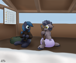 Size: 3600x3000 | Tagged: safe, artist:the-furry-railfan, oc, oc only, oc:night strike, oc:plinkie poi, bat pony, inflatable pony, pegasus, pony, bat pony oc, binoculars, chart, clothes, diaper, diaper fetish, duffle bag, fetish, grenade launcher, high res, inflatable, inflation, jacket, m79, non-baby in diaper, p 235, poofy diaper, shelter, shooting range, snow, story included, unshorn fetlocks, weapon
