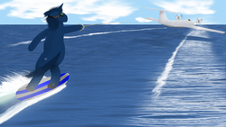 Size: 1920x1080 | Tagged: safe, artist:totallynotanoob, oc, oc only, oc:blue zenith, pony, ekranoplan, ocean, plane, water skiing