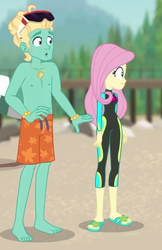Size: 410x634 | Tagged: safe, screencap, fluttershy, zephyr breeze, blue crushed, equestria girls, equestria girls series, g4, arms, barefoot, clothes, cropped, feet, flip-flops, fluttershy's wetsuit, male, male feet, male nipples, nipples, sandals, shorts, sunglasses, swimming trunks, toes, topless, wetsuit, zephyr's necklace
