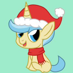Size: 1080x1080 | Tagged: safe, artist:showtimeandcoal, oc, oc only, oc:blank slate, pony, unicorn, chibi, christmas, clothes, colt, cute, hat, holiday, male, present, santa hat, scarf, simple background, solo, stallion, winter time