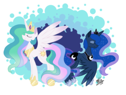 Size: 2048x1536 | Tagged: safe, artist:bubowl, princess celestia, princess luna, alicorn, pony, g4, abstract background, cutie mark, duo, ethereal mane, eyes closed, female, jewelry, mare, regalia, royal sisters, sidemouth, sisters, smiling, spread wings, starry mane, wings