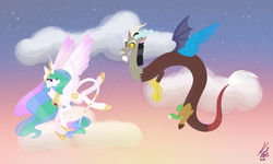 Size: 1023x614 | Tagged: safe, artist:bubowl, discord, princess celestia, alicorn, draconequus, pony, g4, cloud, colored wings, colored wingtips, curved horn, cutie mark, evening, female, flying, horn, jewelry, leonine tail, male, mare, regalia, ship:dislestia, shipping, sky, smiling, stars, straight, tail jewelry
