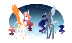 Size: 5000x3000 | Tagged: safe, artist:bubowl, princess celestia, princess luna, alicorn, pony, g4, alternate design, constellation, curved horn, cutie mark, duo, ethereal mane, female, horn, jewelry, leonine tail, looking at you, mare, raised hoof, redesign, regalia, royal sisters, simple background, sisters, smiling, spread wings, starry mane, stars, tail jewelry, white background, wings