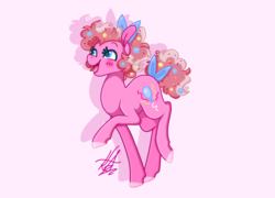 Size: 5000x3600 | Tagged: safe, artist:bubowl, part of a set, pinkie pie, earth pony, pony, g4, alternate design, blushing, bow, candy, cutie mark, female, food, hair bow, mare, open mouth, raised hoof, redesign, simple background, solo, tail bow, white background, zoom layer