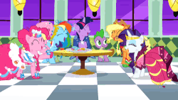 Size: 500x281 | Tagged: safe, screencap, applejack, fluttershy, pinkie pie, rainbow dash, rarity, spike, twilight sparkle, g4, the best night ever, animated, clothes, dress, gala dress, gif, laughing, mane seven, mane six, messy mane, table
