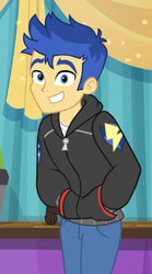 Size: 565x1016 | Tagged: safe, screencap, banana (g4), flash sentry, best in show: the pre-show, equestria girls, g4, my little pony equestria girls: better together, clothes, cropped, cute, diasentres, hand in pocket, hoodie, looking at camera, looking at you, male, offscreen character, pants, smiling