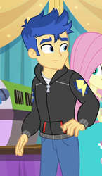 Size: 626x1077 | Tagged: safe, screencap, flash sentry, fluttershy, best in show: the pre-show, equestria girls, equestria girls series, g4, spoiler:eqg series (season 2), clothes, cutie mark on clothes, female, hoodie, male, offscreen character, pants