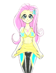 Size: 595x766 | Tagged: safe, artist:zimoguri, fluttershy, equestria girls, g4, adorasexy, bikini, bikini top, breasts, busty fluttershy, clothes, cute, female, fluttershy's wetsuit, geode of fauna, looking at you, magical geodes, pixiv, sexy, shyabetes, simple background, smiling, solo, swimsuit, undressing, unzipped, wetsuit, white background, yellow swimsuit