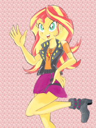 Size: 600x799 | Tagged: safe, artist:zimoguri, sunset shimmer, equestria girls, equestria girls series, g4, boots, clothes, female, hand on hip, high heel boots, miniskirt, open mouth, shoes, skirt, solo