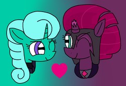 Size: 1581x1080 | Tagged: safe, artist:徐詩珮, idw, glitter drops, tempest shadow, pony, unicorn, g4, nightmare knights, spoiler:comic, spoiler:comicnightmareknights02, armor, broken horn, duo, evil, evil glitter drops, evil tempest shadow, female, heart, horn, lesbian, maelstrom shade, one eye closed, ship:glittershadow, shipping