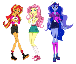 Size: 900x759 | Tagged: safe, artist:zimoguri, fluttershy, princess luna, sunset shimmer, vice principal luna, equestria girls, g4, my little pony equestria girls: legend of everfree, belt, boots, clothes, female, hat, legs, miniskirt, open mouth, shoes, shorts, simple background, skirt, sneakers, socks, white background