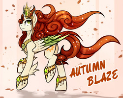 Size: 1500x1200 | Tagged: safe, artist:lostdreamm, autumn blaze, alicorn, pony, g4, sounds of silence, alicornified, autumncorn, colored wings, colored wingtips, crown, curved horn, female, horn, jewelry, ponified, pony autumn blaze, reference, regalia, smiling, solo, species swap