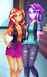 Size: 1255x2048 | Tagged: safe, artist:scarlet-spectrum, starlight glimmer, sunset shimmer, equestria girls, equestria girls specials, g4, my little pony equestria girls: better together, my little pony equestria girls: mirror magic, beanie, beautiful, clothes, colored pupils, cute, female, hat, legs, looking at you, miniskirt, pants, ripped pants, shirt, side hug, skirt, smiling, vest
