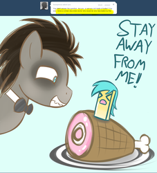 Size: 1280x1412 | Tagged: safe, artist:datahmedz, doctor whooves, sunshower raindrops, time turner, pony, ask discorded whooves, raindropsanswers, g4, ask, butter, discord whooves, food, ham, meat, that pony sure does love butter, tumblr