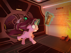 Size: 8000x6000 | Tagged: safe, artist:d0ct0r-what, starlight glimmer, pony, unicorn, g4, absurd resolution, crossover, female, fire, fire extinguisher, glowing horn, horn, long mane, long tail, panic, panicking, reaper leviathan, running, shading, solo, subnautica, tail, underwater, vehicle, vehicle interior, video game crossover