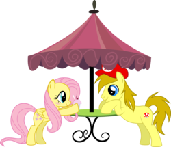 Size: 1875x1610 | Tagged: safe, artist:chipmagnum, fluttershy, oc, earth pony, pony, g4, canon x oc, female, male, simple background, stallion, straight, table, transparent background, umbrella