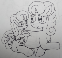 Size: 1154x1080 | Tagged: safe, artist:徐詩珮, glitter drops, oc, oc:betty pop, pony, unicorn, g4, female, filly, lineart, magical lesbian spawn, mare, monochrome, mother and daughter, next generation, offspring, parent:glitter drops, parent:tempest shadow, parents:glittershadow, pregnant, traditional art