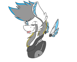 Size: 3507x2800 | Tagged: safe, artist:chazmazda, oc, oc:stormy sky, cyborg, pony, :p, bust, cyberpunk, floating wings, high res, one eye closed, silly, simple background, tongue out, transparent background, wings, wink
