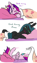 Size: 784x1340 | Tagged: safe, artist:jargon scott, princess cadance, queen chrysalis, alicorn, changeling, changeling queen, pony, g4, bed, bed mane, bedroom eyes, blanket, comic, dialogue, duo, eye contact, falling, fangs, female, female pov, heart, lidded eyes, looking at each other, looking at you, mare, messy mane, missing accessory, offscreen character, on side, one eye closed, pillow, pov, rolling, simple background, sleepy, smiling, smirk, surprised, waking up, wat, white background, wink