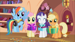 Size: 1669x938 | Tagged: safe, screencap, applejack, fluttershy, rainbow dash, rarity, earth pony, pegasus, pony, unicorn, g4, secret of my excess, barbell, cute, dashabetes, eyes closed, female, flying, golden oaks library, group, jackabetes, mare, mouth hold, open mouth, present, quartet, raribetes, shyabetes, smiling, spread wings, weights, wings