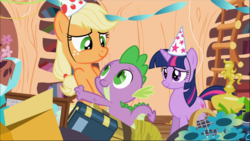 Size: 1669x941 | Tagged: safe, screencap, applejack, spike, twilight sparkle, dragon, earth pony, pony, unicorn, g4, secret of my excess, book, fangs, female, flower, freckles, golden oaks library, hat, hug, ladder, looking at each other, male, mare, party hat, smiling, unicorn twilight