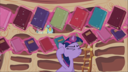 Size: 1669x939 | Tagged: safe, screencap, twilight sparkle, pony, unicorn, g4, secret of my excess, book, concentrating, eyes closed, female, focus, glowing horn, golden oaks library, hoof on head, horn, ladder, levitation, magic, magic aura, mare, solo, telekinesis, unicorn twilight